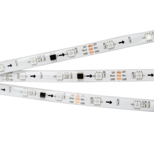Лента герметичная SPI-SE-B30-10mm 12V RGB-PX3 (7.2W/m, IP65, 5060, 5m) (Arlight, бегущий огонь) Герметичная лента «Бегущие огни» с драйвером 16703, с покрытием Silicone glue (IP65) - для применения в сухих и влажных помещениях. Длина 5м, 150шт LED RGB 5060, 10 pixel/m (1 pixel = 3 LED). Управление от внешнего контроллера SPI, без авторежима. Питание 12V, макс. мощн-ть 7.2 Вт/м (статический белый цвет). Ширина 10мм. Негерметичные прямоугольные коннекторы.
