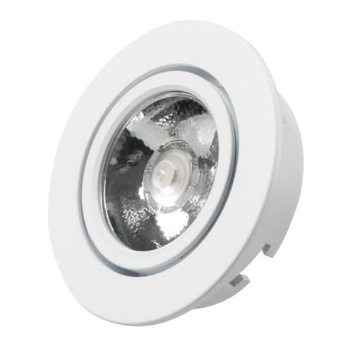Светодиодный светильник LTM-R65WH 5W Warm White 10deg (Arlight, IP40 Металл, 3 года) Врезной круглый мебельный светильник 5Вт, корпус белый алюминий. Цвет ТЕПЛЫЙ БЕЛЫЙ 3000K. Светодиод 1х5W Bridgelux. CRI>80, Св.поток 350-400лм, наклоняемая ось, угол 10°. Питание 180-240VAC, 5Вт, 400mA 11-13V, драйвер в комплекте. Размеры d65x20 мм, врезное отверстие d55 мм.