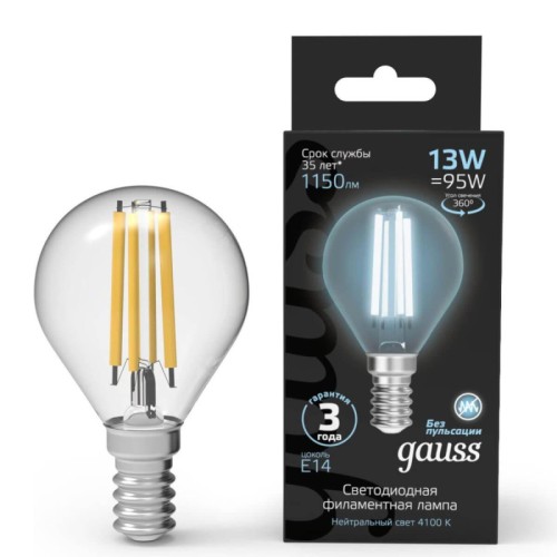 Лампа светодиодная филаментная Gauss E14 13W 4100K прозрачная 105801213 