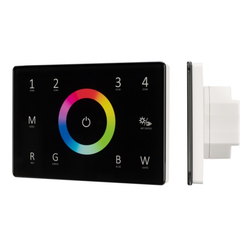 Панель Sens SMART-P85-RGBW Black (230V, 4 зоны, 2.4G) (Arlight, IP20 Пластик, 5 лет) Встраиваемая сенсорная панель 2.4 ГГц, цвет черный. Итальянский стандарт. Материал - стекло. Для управления RGBW источниками света (ШИМ), 4 зоны управления. Функция управления DMX512 устройствами. Питание/рабочее напряжение AC 85-265V. Габариты 120х80х37 мм, устанавливается в стандартный подрозетник. Панель совместима с контроллерами серии SMART.
