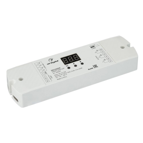 Декодер SMART-DMX-SUF (12-24V, 3x6A) (Arlight, IP20 Пластик, 5 лет) Декодер DMX512 для трансляции DMX512 сигнала ШИМ(PWM) устройствам. Питание 12-24VDC. 3 канала, ток нагрузки 3x6A, мощность нагрузки 216-432W. Входной сигнал DMX512, выходной сигнал ШИМ(PWM). Цифровой дисплей на корпусе, адрес устанавливается с помощью кнопок. Размер 170x50x23 мм.