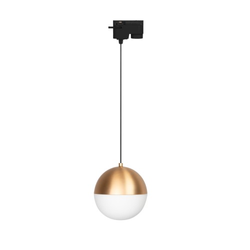 Светильник LGD-EMISFERO-TRACK-HANG-2TR-R150-11W Day4000 (GD, 170 deg, 230V) (Arlight, IP20 Металл, 3 года) Светильник подвесной для треков/шин 2 провода. Мощность 11 Вт, св. поток 960 лм, 80 лм/Вт, дневной 4000 K, CRI>90, угол 170°, напряжение питания 230 В. Золотой корпус из алюминия, материал плафона стекло, степень защиты IP20. Размер: диаметр 150 мм, длина подвеса 1500 мм. Монтаж на трек 1-фазный. Драйвер 28-42 В, 250 мА, пульсация 