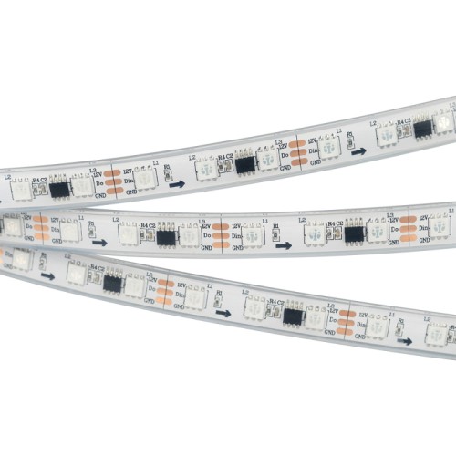 Лента герметичная SPI-PFS-B60-12mm 12V RGB-PX3 (14.4W/m, IP68, 5060, 5m) (Arlight, бегущий огонь) Герметичная лента «Бегущие огни» с драйвером 16703, в запрессованном силиконе, литая силиконовая трубка IP67, со СКОТЧЕМ 3M на обрат. стороне. Рекоменд-ся подводка пит-я с 2 сторон ленты. Длина 5м, 300шт LED RGB 5060, 20 pixel/m (1 pixel = 3 LED). Управление от внешнего контроллера SPI, без авторежима. Питание 12V, макс. мощн-ть 14,4 Вт/м (статический белый цвет). Ширина 12 мм. Герметичные круглые коннекторы.