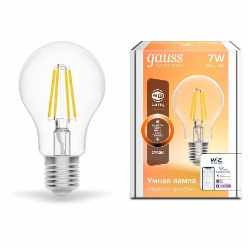 Лампа светодиодная диммируемая филаментная Gauss E27 7W 2700K прозрачная 1200112 