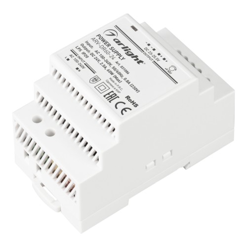 Блок питания ARV-DR60-24 (24V, 2.5A, 60W) (Arlight, IP20 DIN-рейка) Источник напряжения с гальванической развязкой для светодиодных изделий. Входное напряжение 100-240 VAC. Выходные параметры: 24 В, 2.5 А, 60 Вт. Негерметичный пластиковый корпус IP 20 для установки на DIN-рейку. Габаритные размеры длина 52.5 мм, ширина 90 мм, высота 58 мм. Гарантийный срок 3 года.