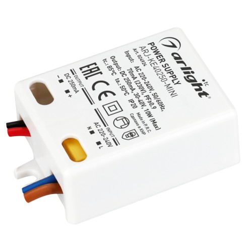 Блок питания ARJ-KE40250-MINI (10W, 250mA, PFC) (Arlight, IP20 Пластик, 5 лет) Источник тока с гальванической развязкой для светильников и мощных светодиодов. Входное напряжение 220-240 VAC. Выходные параметры: 30-40 В, 250 mА, 10 Вт. Встроенный PFC >0.95. Негерметичный пластиковый корпус IP 20. Габаритные размеры длина 58 мм, ширина 39 мм, высота 20 мм. Гарантийный срок 5 лет.