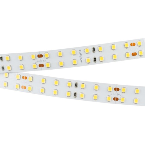 Лента RT 2-5000 24V Warm3000 2x2 (2835, 980 LED, CRI98) (Arlight, 20 Вт/м, IP20) Гибкая лента LUX, светодиоды smd 2835, 196 шт/м (980шт на 5м), белая плата 15 мм, скотч 3М. Цвет ТЕПЛЫЙ 2900-3100K. Питание 24V, мощность 20 Вт/м (100 Вт на 5м), угол 120°, цветопередача CRI 95..98. Размеры 5000х15x1.5мм. Мин.отрезок 71.43мм, 14 светодиодов. Цена за 1м.