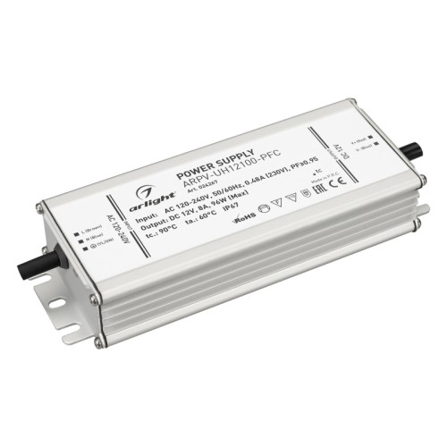Блок питания ARPV-UH12100-PFC (12V, 8.0A, 96W) (Arlight, IP67 Металл, 7 лет) Источник напряжения с гальванической развязкой для светодиодных изделий. Входное напряжение 120-240 VAC. Выходные параметры: 12 В, 8 А, 96 Вт. Встроенный PFC >0,95. Герметичный алюминиевый корпус IP 67. Рабочая температура -40…+70C⁰. Габаритные размеры длина 188 мм, ширина 67.5 мм, высота 33.5 мм. Гарантийный срок 7 лет.