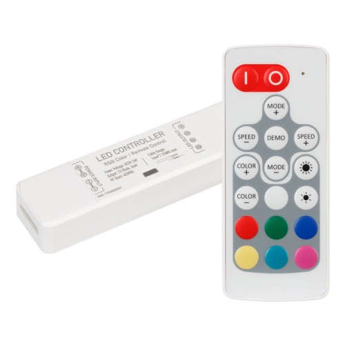 Контроллер ARL-MINI-RGB-3x4A (5-24V, RF ПДУ 18кн) (Arlight, IP20 Пластик, 1 год) RGB контроллер серии "MINI". В комплекте контроллер, 18кн RF ПДУ белого цвета, магнитная база для ПДУ, миниатюрная отвертка для монтажа. Напряжение питания 5-24VDC, ток нагрузки 3x4A, максимальная мощность 57.5-276W (в зависимости от напряжения питания). Питание ПДУ 3V (CR2032). Габариты контроллера 87х24х15, габариты пульта 87x36x6.
