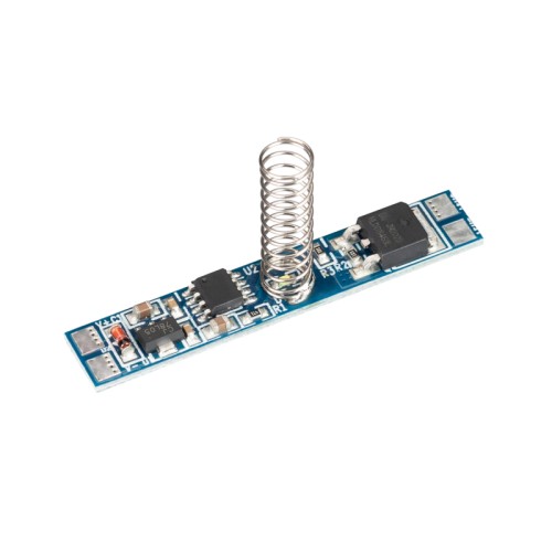 Сенсорный диммер SR-RULE-DIM-TOUCH (12-24V, 1x8A, 46x8mm) (Arlight, Открытый) Диммер для монохромной светодиодной ленты (ШИМ), встраиваемый в алюминиевый профиль. Питание/рабочее напряжение 12-24 VDC, максимальный ток 8A на канал, 1 канал, максимальная мощность 96-192W. Габариты 46x8x21 мм, высота пружины 21 мм. Включение/выключение и диммирование происходят через сенсор прикосновения. Диапазон диммирования 2-100%.