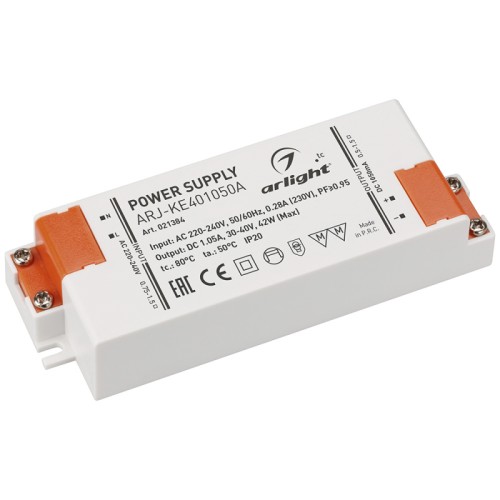 Блок питания ARJ-KE401050A (42W, 1050mA, PFC) (Arlight, IP20 Пластик, 5 лет) Источник тока с гальванической развязкой для светильников и мощных светодиодов. Входное напряжение 220-240 VAC. Выходные параметры: 30-40 В, 1050 mА, 42 Вт. Встроенный PFC >0.95. Негерметичный пластиковый корпус IP 20. Габаритные размеры длина 117 мм, ширина 42 мм, высота 24 мм. Гарантийный срок 5 лет.