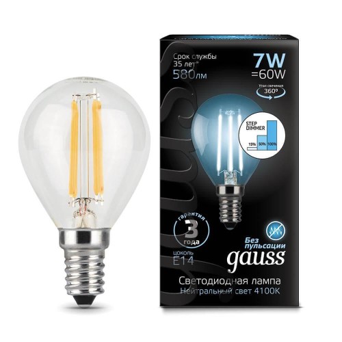 Лампа светодиодная филаментная диммируемая Gauss E14 7W 4100K прозрачная 105801207-S 