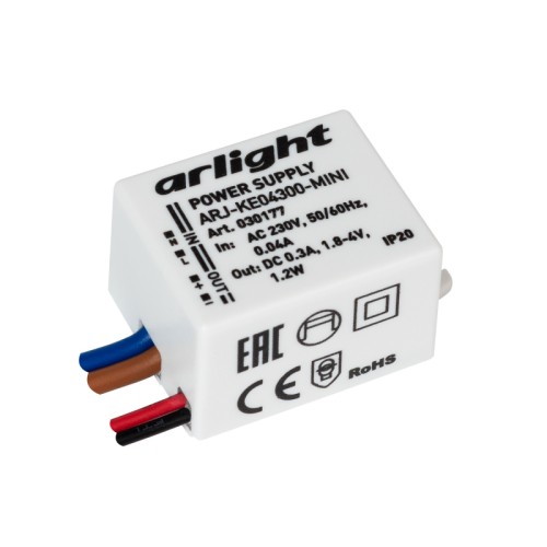 Блок питания ARJ-KE04300-MINI (1.2W, 300mA) (Arlight, IP20 Пластик, 5 лет) Источник тока с гальванической развязкой для светильников и мощных светодиодов. Входное напряжение 220-240 VAC. Выходные параметры: 1.8-4 В, 300 mА, 1.2 Вт. Встроенный PFC >0.4. Негерметичный пластиковый корпус IP 20. Габаритные размеры длина 34 мм, ширина 22.8 мм, высота 17 мм. Гарантийный срок 5 лет.