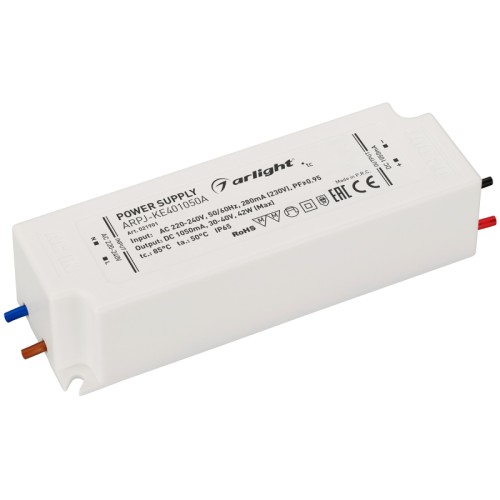 Блок питания ARPJ-KE401050A (42W, 1050mA, PFC) (Arlight, IP65 Пластик, 5 лет) Источник тока с гальванической развязкой для светильников и мощных светодиодов. Входное напряжение 220-240 VAC. Выходные параметры: 30-40 В, 1050 mА, 42 Вт. Встроенный PFC >0.95. Герметичный пластиковый корпус IP 65. Рабочая температура -30…+50C⁰. Габаритные размеры длина 122 мм, ширина 42.5 мм, высота 30 мм. Гарантийный срок 5 лет.
