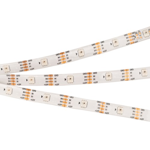 Лента SPI-5000SE-RAM-5060-30 12V Cx1 RGB-Auto (10mm, 4.8W/m, IP65) (Arlight, Закрытый, IP65) Герметичная лента «Бегущие огни» с драйвером 2815 (битый пиксель не влияет на передачу сигнала далее по ленте), с покрытием Silicone glue (IP65) - для применения в сухих и влажных помещениях, драйвер+LED в одном кристалле, встроенный в ленту контроллер с циклическим автозапуском 300 программ (Auto mode) и подкл-ем внеш. контроллера. Длина 5м, 150шт LED RGB 5060, 30 pixel/m (1 pixel = 1 LED). Питание 12V, макс. мощн-ть 4,8 Вт/м. Ширина 10 мм. Негерметичные прямоугольные коннекторы.