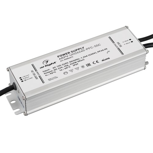 Блок питания ARPV-UH24240-PFC-55C (24V, 10.0A, 240W) (Arlight, IP67 Металл, 5 лет) Источник напряжения с гальванической развязкой для светодиодных изделий. Предназначен для работы в условиях Крайнего Севера с запуском до -55С. Входное напряжение 120-240 VAC. Выходные параметры: 24 В, 10 А, 240 Вт. Встроенный PFC >0,95. Герметичный алюминиевый корпус IP 67. Рабочая температура -55…+70C⁰. Габаритные размеры длина 188 мм, ширина 67.5 мм, высота 38.5 мм. Гарантийный срок 5 лет.