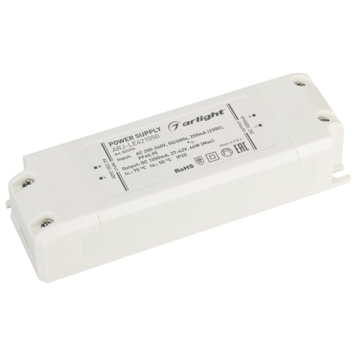 Блок питания ARJ-LE421050 (44W, 1050mA, PFC) (Arlight, IP20 Пластик, 3 года) Источник тока с гальванической развязкой для светильников и мощных светодиодов. Входное напряжение 200-240 VAC. Выходные параметры: 27-42 В, 1050 mА, 44 Вт. Встроенный PFC >0.95. Негерметичный пластиковый корпус IP 20. Габаритные размеры длина 120 мм, ширина 42 мм, высота 27 мм. Гарантийный срок 3 года.