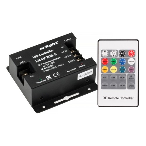 Контроллер LN-RF20B-S (12-24V, 288-576W, ПДУ 20кн) (Arlight, IP20 Металл, 1 год) RGB-контроллер увеличенной мощности с RF (радио) пультом 20 кнопок. 21 программа, скорость, яркость, прямой выбор цвета. Вход/выход 12-24VDC, макс.ток 3х8А. Выходная мощность 12V: