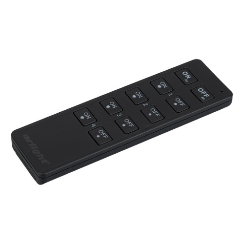 Пульт SMART-R7-DIM (4 зоны, 2.4G) (Arlight, IP20 Пластик, 5 лет) Кнопочный радиопульт 2.4 ГГц черного цвета для управления одноцветным (DIM) источником света. 4 зоны управления, управление яркостью с помощью кнопок. Питание 3VDC (CR2032). Габариты 135x40x11 мм. Изготовлен из пластика с покрытием Soft Touch. Управляет контроллерами и панелями серии SMART (поставляются отдельно). Настенные держатели приобретаются отдельно (см. аксессуары).