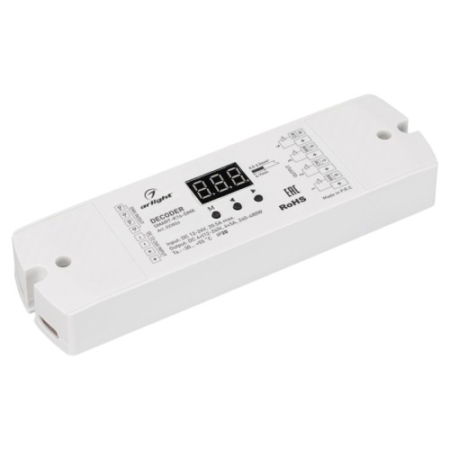 Декодер SMART-K16-DMX (12-24V, 4x5A) (Arlight, IP20 Пластик, 5 лет) Декодер DMX512 для трансляции DMX512 сигнала ШИМ(PWM) устройствам. Питание 12-24VDC. 4 канала, ток нагрузки 4x5A, мощность нагрузки 240-480W. Входной сигнал DMX512, выходной сигнал ШИМ(PWM). Цифровой дисплей на корпусе, адрес устанавливается с помощью кнопок. Размер 170x50x23 мм.