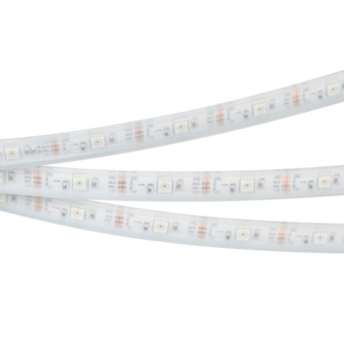 Лента SPI-5000P-RAM 12V RGB (5060, 150 LED x1) (Arlight, Закрытый, IP66) Герметичная лента «Бегущие огни» с драйвером 17822 (битый пиксель не влияет на передачу сигнала далее по ленте), в полуматовой силиконовой трубке (IP66), без скотча, без авторежима, работает от внешнего контроллера. Драйвер+ LED в одном кристалле. Длина 5м, 150шт LED RGB 5060, 30 pixel/m (1 pixel = 1 LED). Питание 12V, макс. мощн-ть 7,2 Вт/м (статический белый цвет). Ширина 12 мм. Герметичные круглые коннекторы. Замен-ся на 026462.