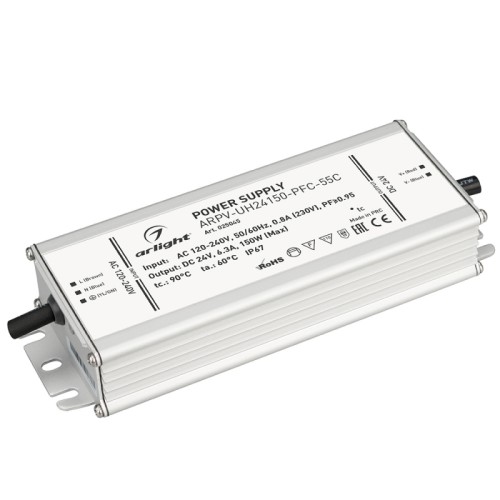 Блок питания ARPV-UH24150-PFC-55C (24V, 6.3A, 150W) (Arlight, IP67 Металл, 5 лет) Источник напряжения с гальванической развязкой для светодиодных изделий. Предназначен для работы в условиях Крайнего Севера с запуском до -55С. Входное напряжение 120-240 VAC. Выходные параметры: 24 В, 6.3 А, 150 Вт. Встроенный PFC >0.95. Герметичный алюминиевый корпус IP 67. Рабочая температура -55…+70C⁰. Габаритные размеры длина 188 мм, ширина 67.5 мм, высота 33.5 мм. Гарантийный срок 5 лет.