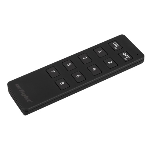 Пульт SMART-R8-DIM (8 зон, 2.4G) (Arlight, IP20 Пластик, 5 лет) Кнопочный радиопульт 2.4 ГГц черного цвета для управления одноцветным (DIM) источником света. 8 зон управления, управление яркостью с помощью кнопок. Питание 3VDC (CR2032). Габариты 135x40x11 мм. Управляет контроллерами и панелями серии SMART (поставляются отдельно). Настенные держатели приобретаются отдельно (см. аксессуары).