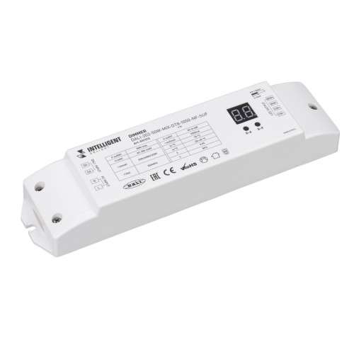 INTELLIGENT ARLIGHT Диммер DALI-202-50W-MIX-DT8-1050-NF-SUF (230V, 1000mА) (IARL, Пластик) Диммируемый источник тока по протоколу DALI DT8 с гальванической развязкой для MIX (CCT) светильников. Входное напряжение 200-240 VAC. Выходные параметры: 8-48В, 2х 1050mA, 50 Вт. Встроенный PFC >0.97. Негерметичный пластиковый корпус IP 20. Габаритные размеры длина 210 мм, ширина 50 мм, высота 32 мм. Гарантийный срок 3 года.
