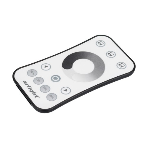 Пульт SMART-R9-DIM (1 зона, 2.4G) (Arlight, IP20 Пластик, 5 лет) Кнопочный радиопульт с сенсорным кольцом 2.4 ГГц белого цвета для управления одноцветным (DIM) источником света. 1 зона управления, управление яркостью с помощью сенсорного кольца. Питание 3VDC (CR2032). Габариты 107x58.5x9 мм. Изготовлен из пластика с покрытием, защищающим от загрязнения. Управляет контроллерами и панелями серии SMART (поставляются отдельно). Настенные держатели приобретаются отдельно (см. аксессуары).