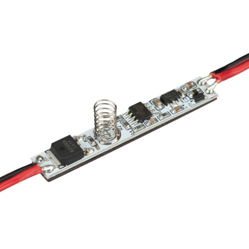 Микродиммер SMART-D13-DIM (12-24V, 1x3A, Sens) (Arlight, IP20 Пластик, 5 лет) Диммер для монохромной светодиодной ленты (ШИМ), встраиваемый в алюминиевый профиль. Питание/рабочее напряжение 12-24VDC, максимальный ток 3A на канал, 1 канал, максимальная мощность 36-72W. Габариты 50x8x10 мм, высота пружины 10 мм. Включение/выключение и диммирование происходят через сенсор прикосновения.