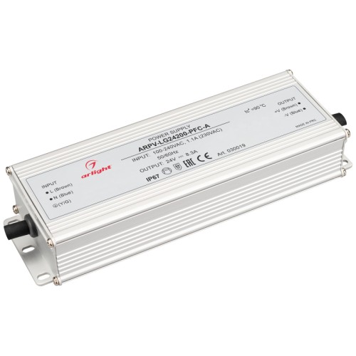 Блок питания ARPV-LG24200-PFC-A (24V, 8.3A, 200W) (Arlight, IP67 Металл, 5 лет) Источник напряжения с гальванической развязкой для светодиодных изделий. Входное напряжение 100-240 VAC. Выходные параметры: 24 В, 8.3 А, 200 Вт. Встроенный PFC >0.98. Герметичный алюминиевый корпус IP 67. Рабочая температура -40…+70C⁰. Габаритные размеры длина 199 мм, ширина 67.5 мм, высота 35.5 мм. Гарантийный срок 5 лет.