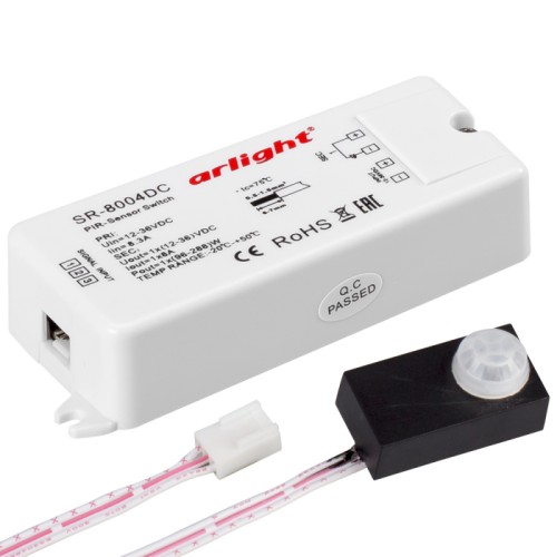 Датчик SR-8004-DC black (12-36V, 96-288W, PIR-Sensor) (Arlight, -) ИК-выключатель, реагирует на движение, расстояние срабатывания до 3 м (время отключения 50с), для светодиодных лент. В комплекте - черный накладной датчик движения и блок управления 12/24/36V, 96/192/288 W. Размер блока управления 95х37х20 мм, длина кабеля 1м.