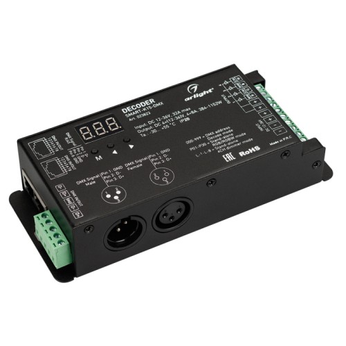 Декодер SMART-K15-DMX (12-36V, 4x8A) (Arlight, IP20 Металл, 5 лет) Декодер DMX512 для трансляции DMX512 сигнала ШИМ(PWM) устройствам. Питание 12-36VDC. 4 канала, ток нагрузки 4x8A, мощность нагрузки 384-1152W. Входной сигнал DMX512, выходной сигнал ШИМ(PWM). XLR3 разъем подключения. Размер 165x70x37 мм.