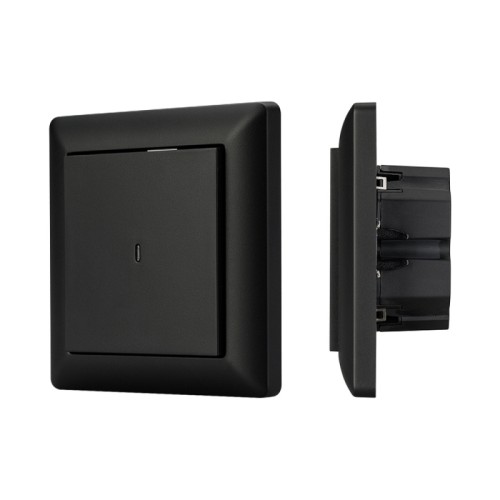 Панель Knob SR-KN0120-IN Graphite (KNX, DIM) (Arlight, IP20 Пластик, 2 года) Универсальная одноклавишная встраиваемая настенная панель стандарта KNX с двумя кнопками. Цвет корпуса графит. Питание от шины KNX DC 21-30V. Размер 86х86х45 мм.